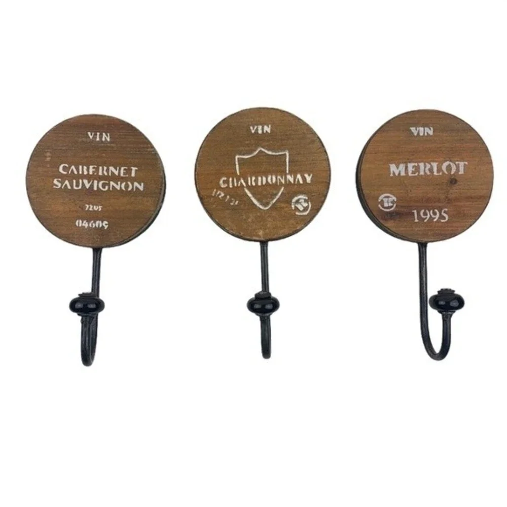 Wine Barrel Themed Wall Hanging Hooks Distressed Vintage Looking Rustic Set of 3